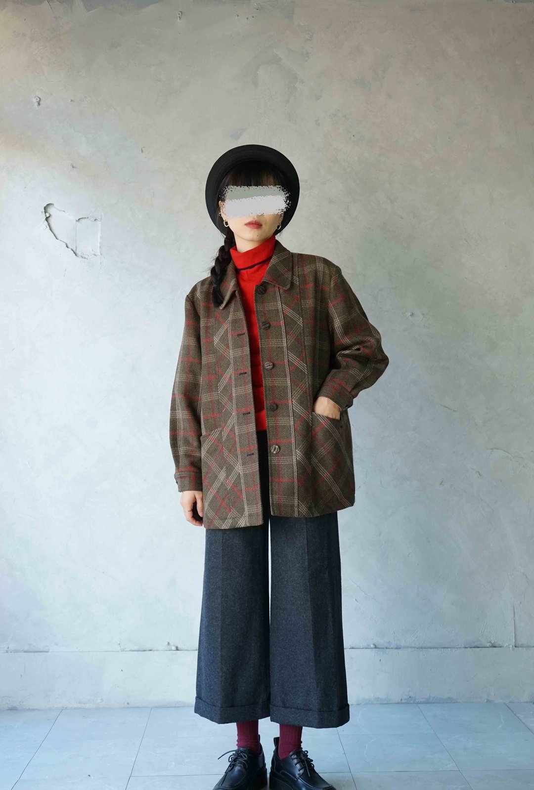 寻宝古着-红棕色复古格纹中性工装毛料外套 - 女装休闲/机能外套 - 羊毛 咖啡色