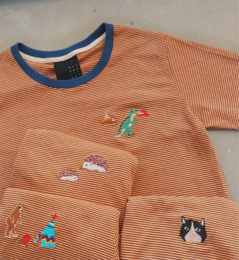 Sunshine Striped Long Sleeve Top / Dinosaur/Hedgehog/Bear/Cat Embroidery【雙 11 限定 - 女装 T 恤 - 棉．麻 橘色