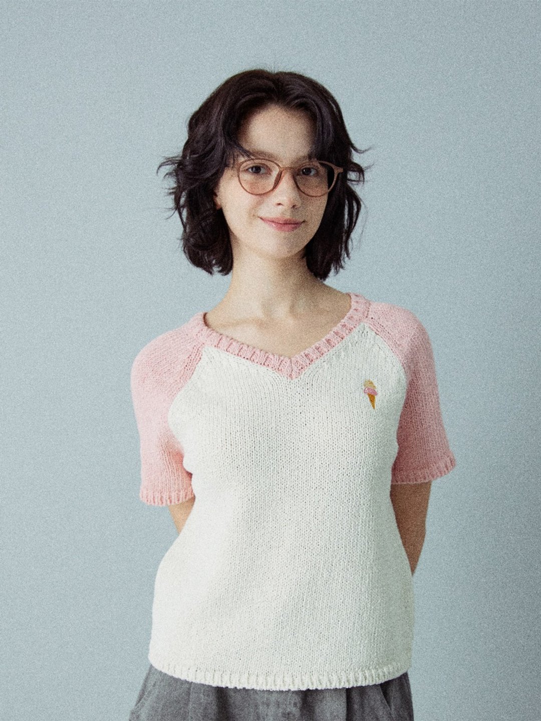 冰淇淋插肩袖 V 领针织上衣_粉色_S M - 女装上衣 - 棉 