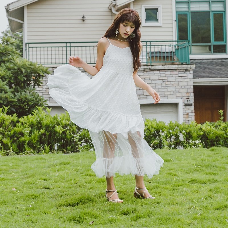 【6.5全场9折起】安妮陈女装手工假两件吊带连身裙洋装 XDWX8633 - 洋装/连衣裙 - 其他材质 白色