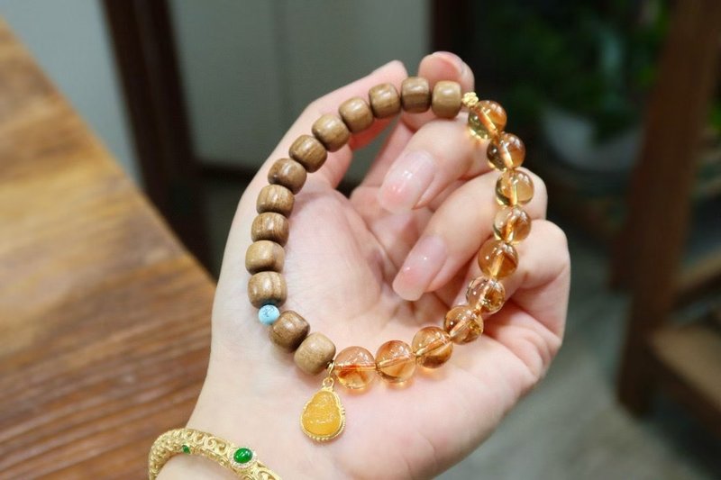 澳洲老山檀手链行走的香水瓶搭配黄水晶蜜蜡欢喜弥勒佛 平安喜乐 - 手链/手环 - 玉石 