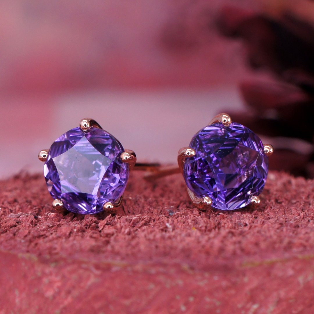 星夜 – 8 mm 星形 切角 紫水晶 纯银 电18K玫瑰金 耳环 - 耳环/耳夹 - 宝石 紫色