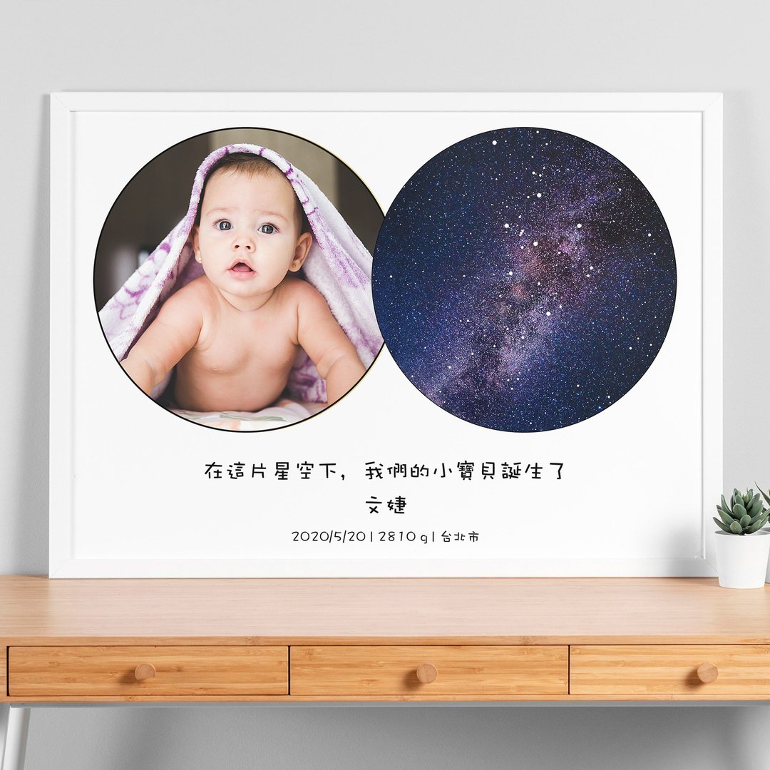 定制化宝宝周岁礼物婴儿生日礼盒A4木铝框根据日期地点的真实星空 - 画框/相框 - 纸 黑色