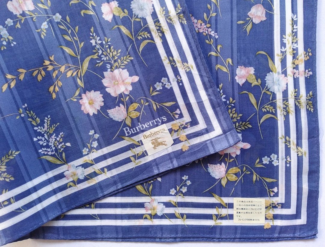 Burberry Vintage Handkerchief Women Hanky Floral Rolled Hem 20 x 20 inches - 丝巾 - 棉 蓝色