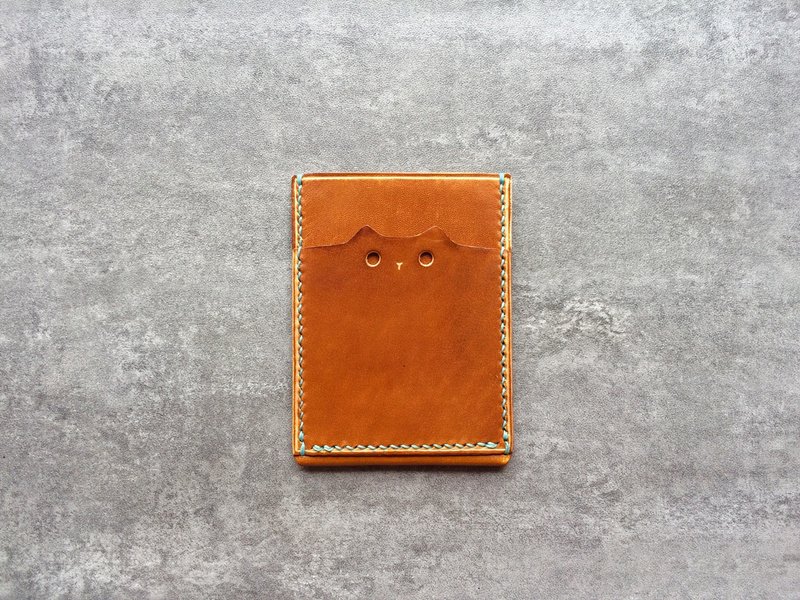 手染手缝黄棕色猫咪形卡套/识别证套/悠游卡套/票卡夾 - 证件套/卡套 - 真皮 橘色