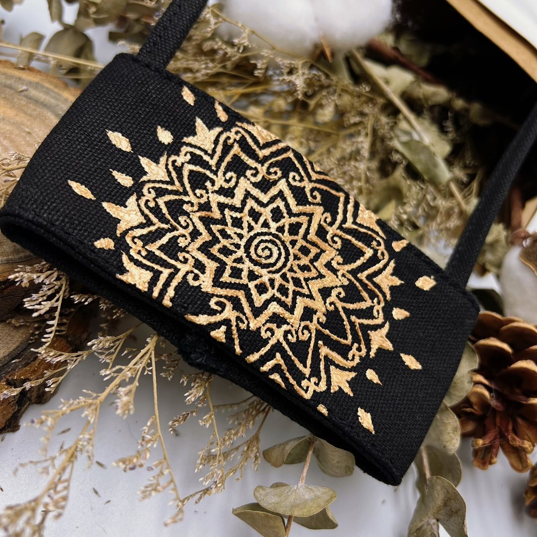 纯手工绘制 曼陀罗 杯套【花囍】帆布袋 禅绕 Henna Mandala - 随行杯提袋/水壶袋 - 棉 黑色