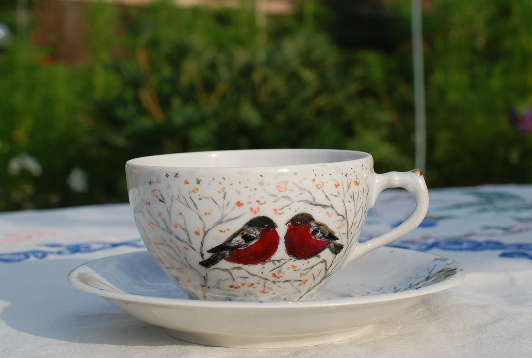 Birds Tea Set Hand painted cup and saucer Bullfinches mountain ash Love birds - 其他杯子 - 瓷 多色