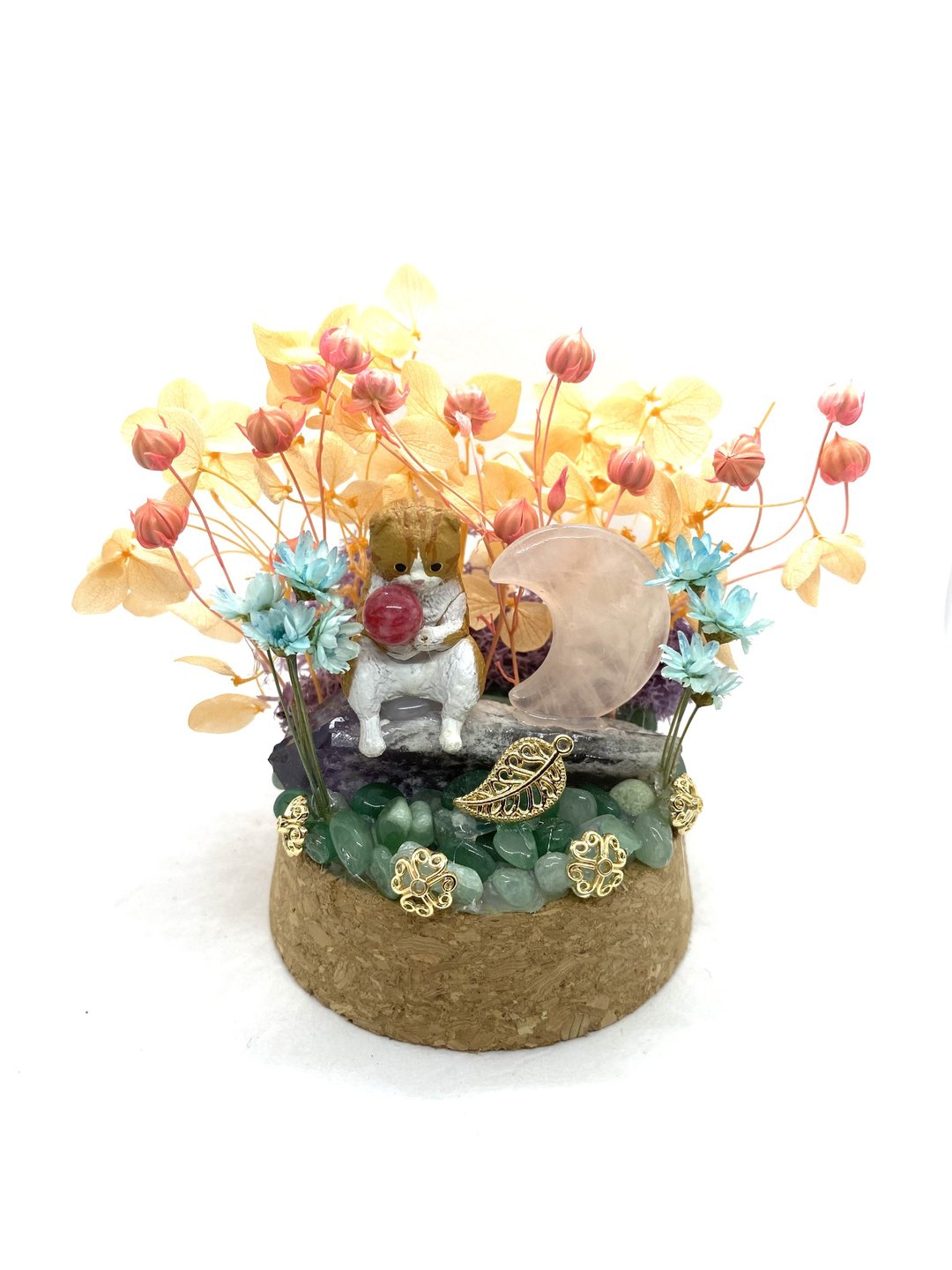 粉橘花园。猫咪与粉水晶月亮/紫水晶-手工玻璃罩公仔/水晶/干燥花 - 摆饰 - 水晶 