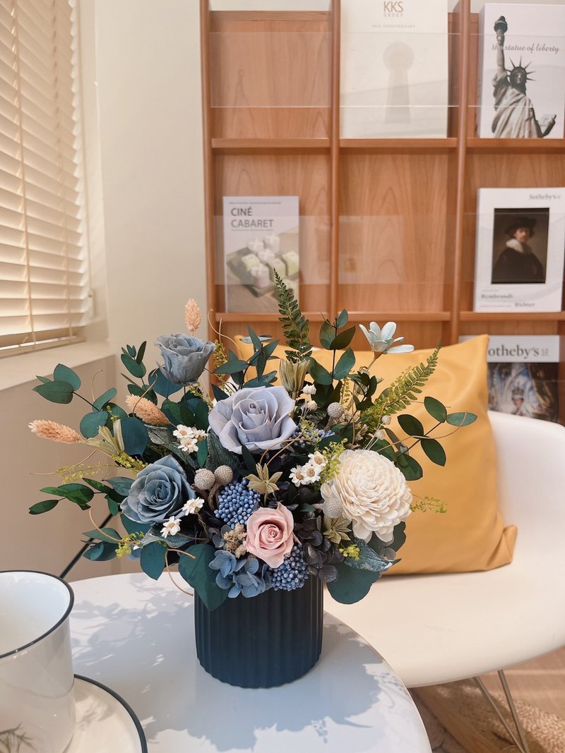 质感灰蓝永生盆花 永生玫瑰花  开幕盆花 开幕花礼 祝贺礼物 生日 - 干燥花/捧花 - 植物．花 灰色
