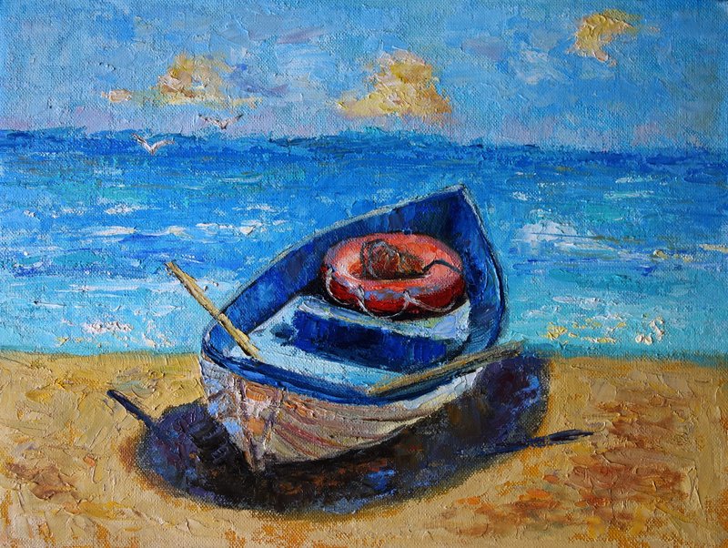 Fishing Boat Oil Painting Seascape Original Art Nautical Artwork - 海报/装饰画/版画 - 颜料 多色