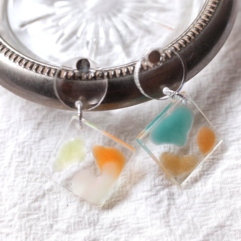 调色板系列 菱形抽像手绘几何橙金色系透明手工耳环 - 耳环/耳夹 - 树脂 透明