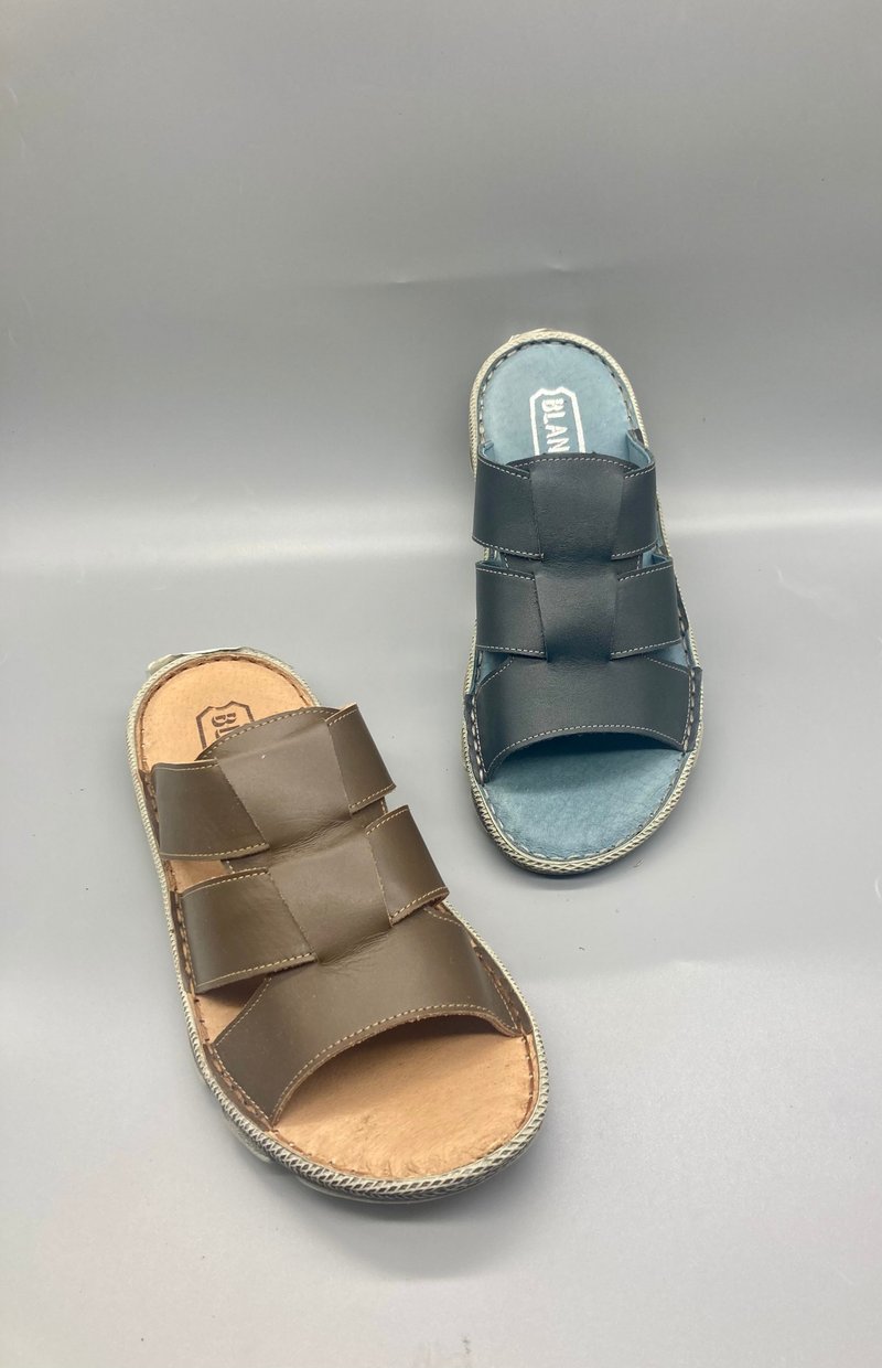 2212 轻量化 擦色大底 交错真皮拖鞋 男手工缝线拖 - 男女凉鞋 - 真皮 咖啡色