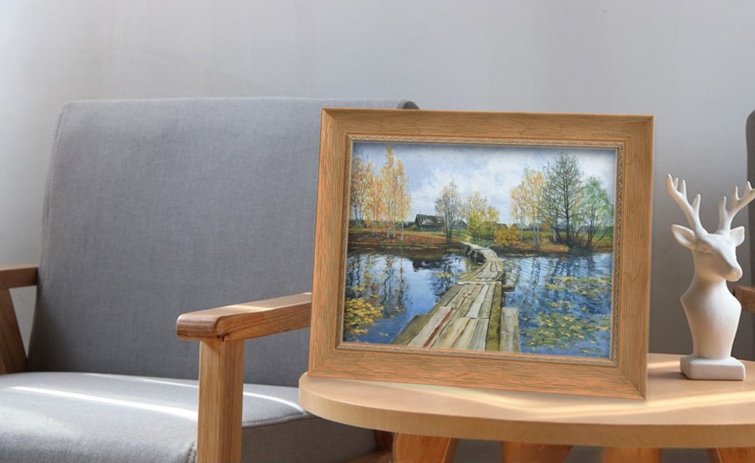 Autumn Landscape Pond Village Bridge Oil Painting Living Room Decor Wall Art - 墙贴/壁贴 - 其他材质 蓝色