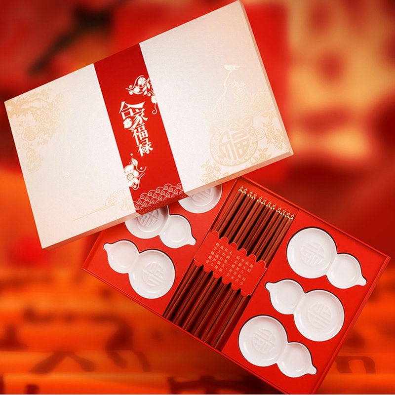 合家福禄礼盒 红木筷子配白瓷碟年礼六件套 - 筷子/筷架 - 木头 