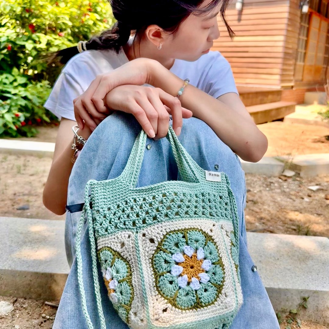 绿野花语・钩织花格 清新复古手提斜背两用包 托特包 - 手提包/手提袋 - 棉 