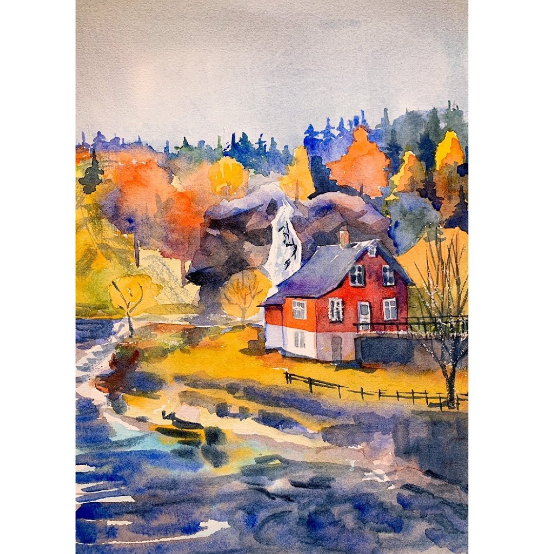 Original Watercolor painting Autmn landscape with water mill Artwork Aquarelle - 墙贴/壁贴 - 纸 多色