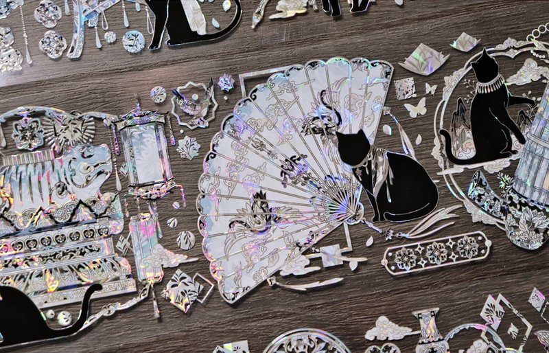 清 黒猫 東方古風 PET 紙膠帶 貝殼光 / 割型貼紙卷 星光膜 - 纸胶带 - 其他材质 多色