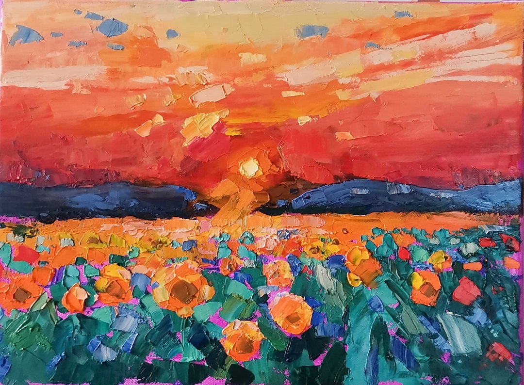 Sunflower Field Painting Original Art Impasto Oil Painting Landscape Verafe - 海报/装饰画/版画 - 其他材质 橘色