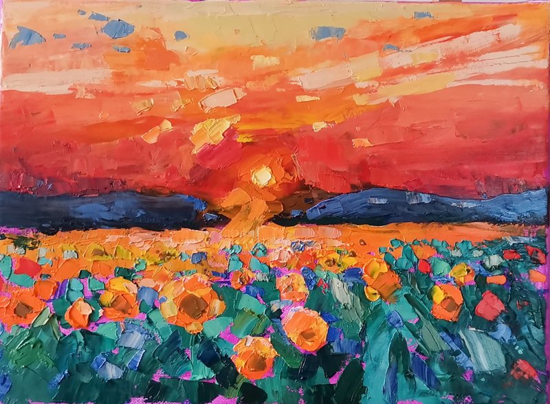 Sunflower Field Painting Original Art Impasto Oil Painting Landscape Verafe - 海报/装饰画/版画 - 其他材质 橘色