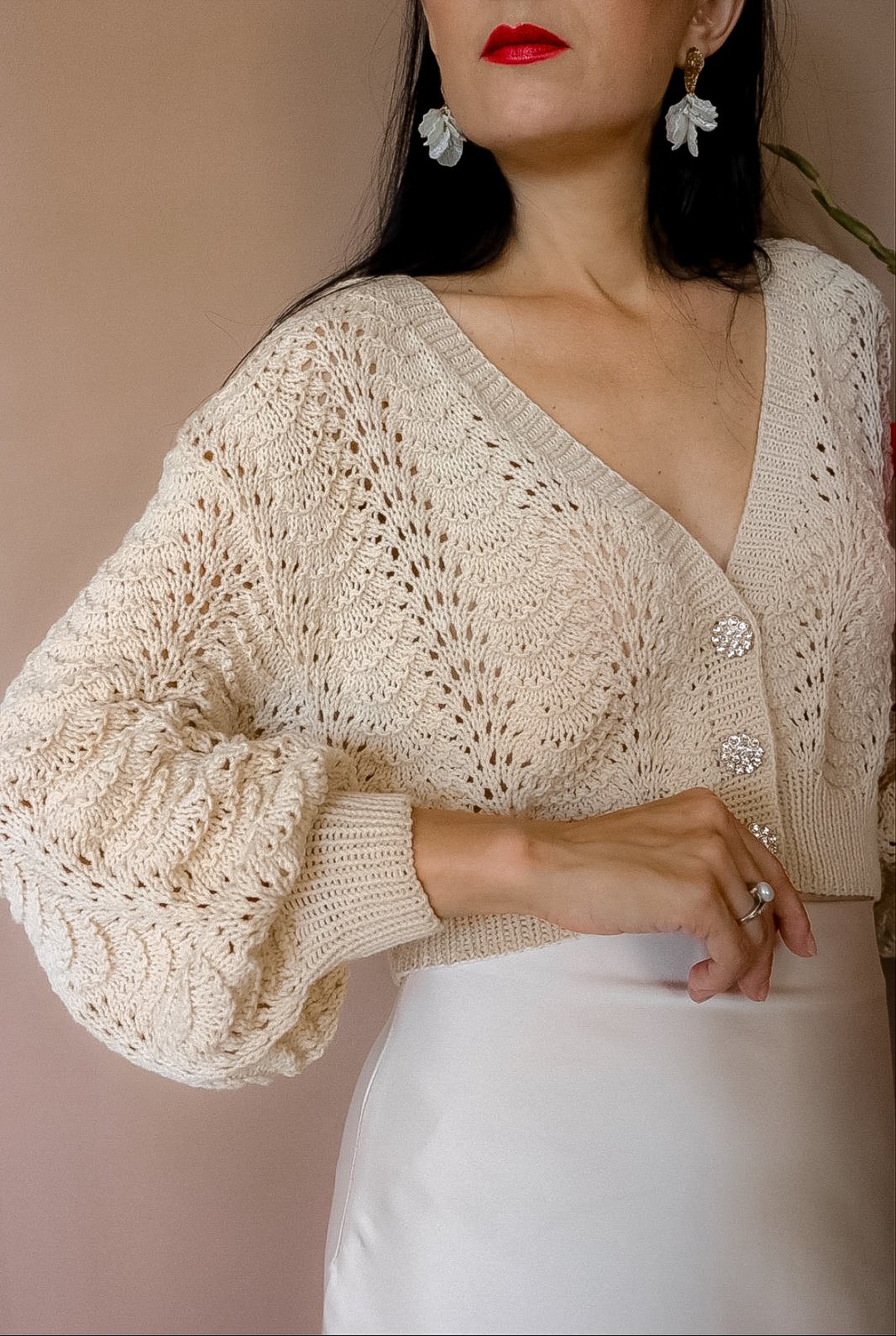Cropped lace knit cardigan in cotton Puff sleeve oversized sweater with buttons - 女装针织衫/毛衣 - 棉 