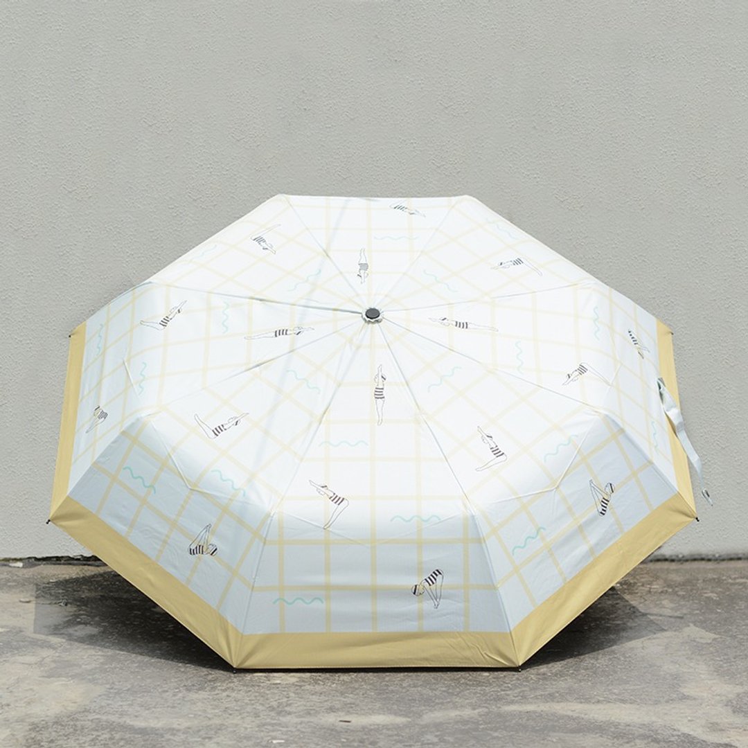 NoMatch不合跳水娃娃黄格纹复古印花黑胶涂层防晒晴雨两用三折伞 - 雨伞/雨衣 - 防水材质 白色