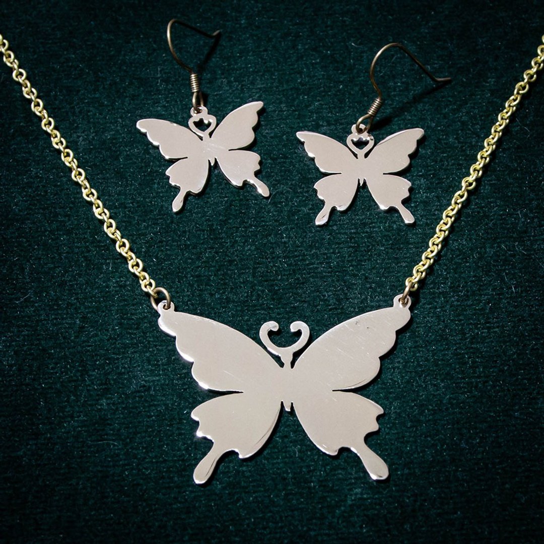 Butterfly Set Necklace+Earring - 项链 - 铜/黄铜 银色