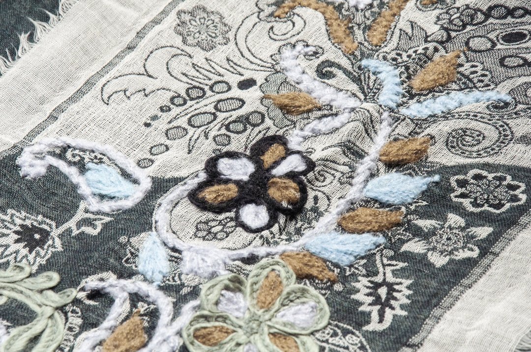 喀什米尔Cashmere/水煮羊毛披肩/针织围巾/刺绣围巾/羊绒披巾-花 - 围巾/披肩 - 羊毛 黑色