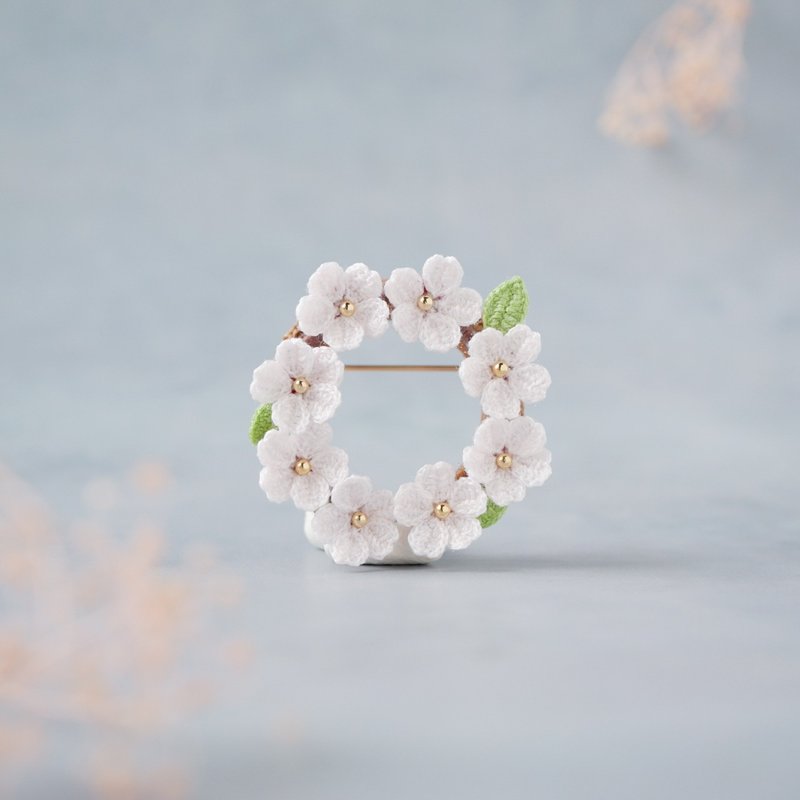 染井吉野樱 花圈胸针  接单制作、手工编织、樱花、毕业典礼 - 胸针 - 绣线 粉红色