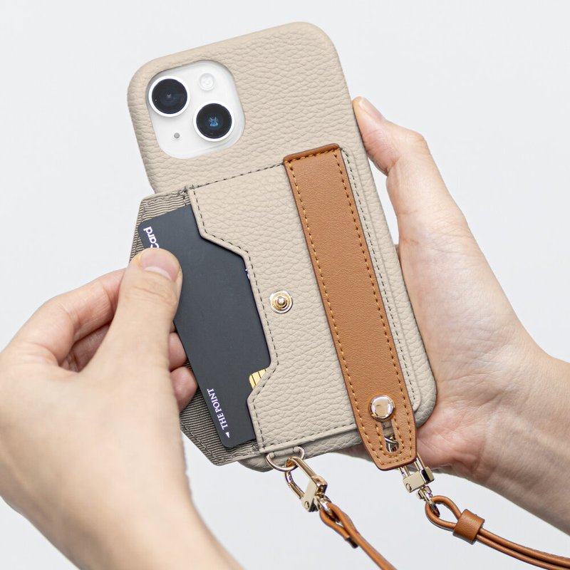 iPhone 15 / 16e / 15 Pro Bologna 仕女吊绳腕带皮革手机壳-米 - 手机壳/手机套 - 真皮 卡其色