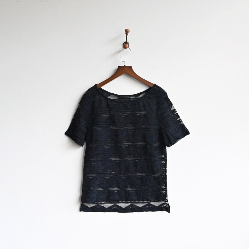【蛋植物古着】星宇蕾丝短袖古着上衣 - 女装上衣 - 其他人造纤维 黑色