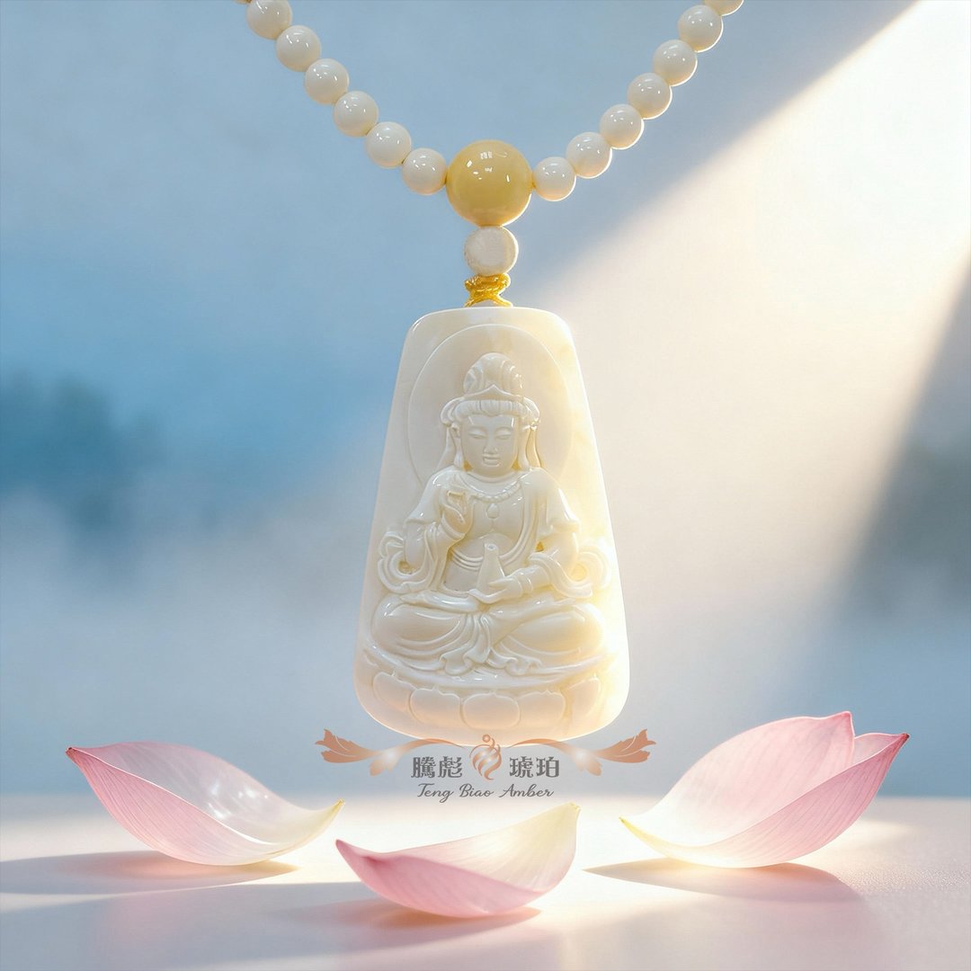 腾彪琥珀 天然留皮白蜜蜡 净瓶观音 2%极稀产量 法相清雅 挂坠项 - 项链 - 半宝石 白色