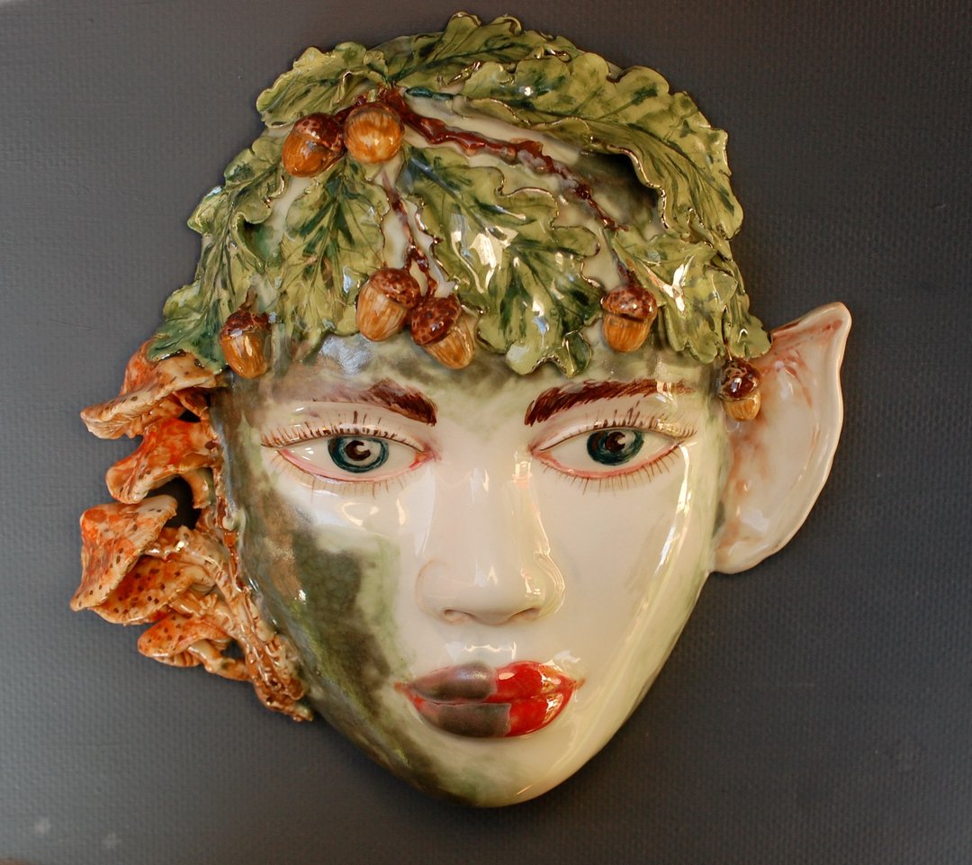 Wood elf portrait Interior mask Wall art Face sculpture Fairy forest Oak Acorns - 墙贴/壁贴 - 陶 多色