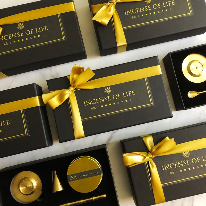 黄铜置香三件组 (含旅行用束口袋与体验薰香粉) - 香薰/精油/线香 - 其他金属 黑色