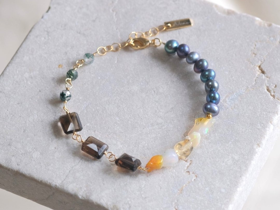 Opal bracelet 天然石蛋白石手链 淡水海军蓝珍珠 烟水晶 苔玛瑙 - 手链/手环 - 宝石 蓝色