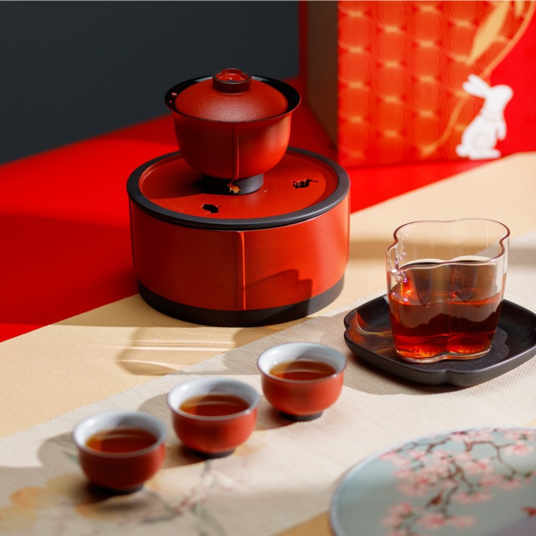 【中秋送礼】陆宝 福照万家盖碗茶组 一盖碗三杯 - 茶具/茶杯 - 陶 红色
