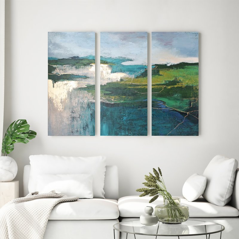 绿色抽像三联画墙面艺术 | 三联画抽象自然 | 北三联画 - 墙贴/壁贴 - 棉．麻 绿色