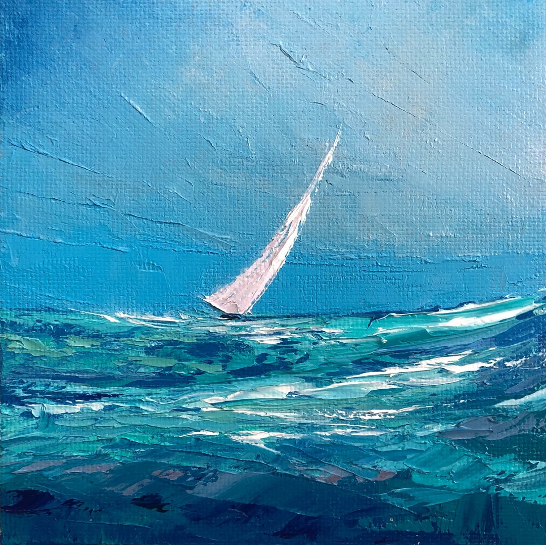 Original Blue Seascape Oil Painting On Canvas Sailboat Landscape Textured Art - 墙贴/壁贴 - 棉 多色