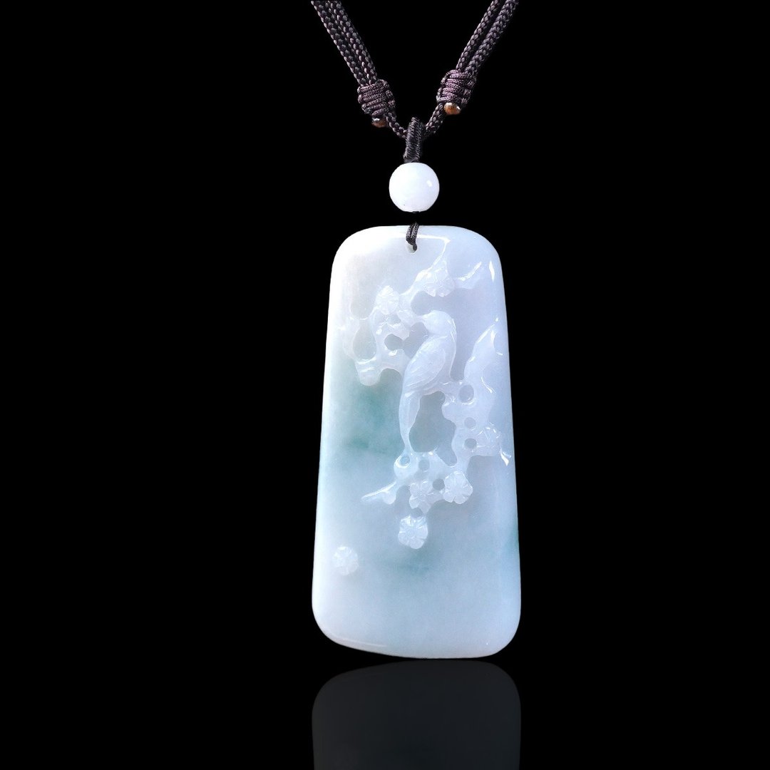 飘花翡翠巧雕喜上眉梢项链 | 天然缅甸玉翡翠A货 | 送礼 - 项链 - 玉石 多色