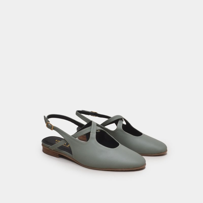 7916-1 手工交叉 复古玛莉珍 湖绿 - 芭蕾鞋/娃娃鞋 - 真皮 绿色