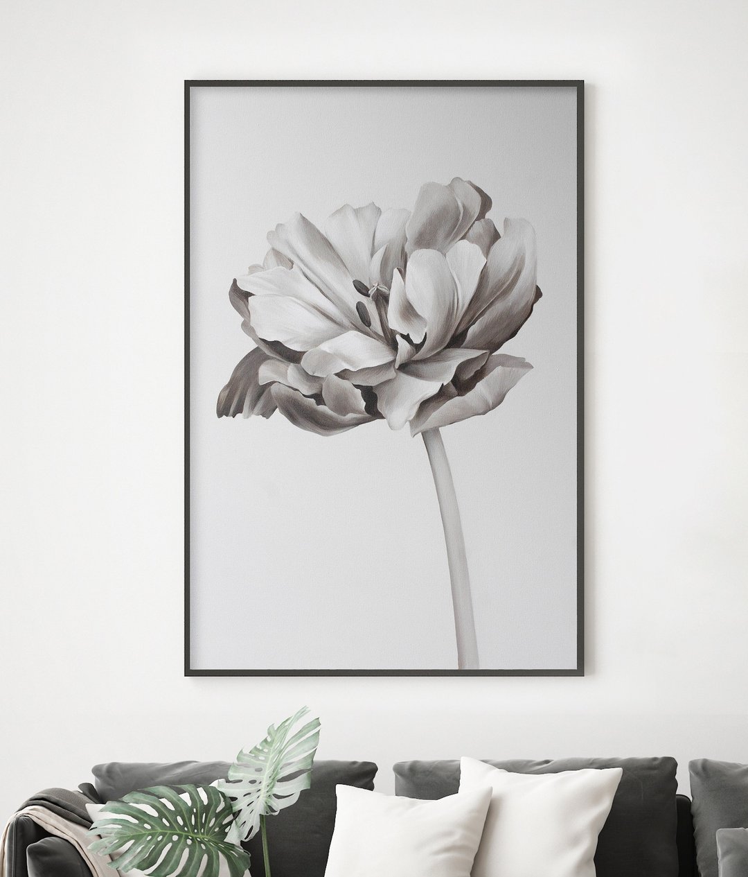 郁金香绘画 | 花卉绘画 | 白花绘画 | 郁金香油画 | 郁金香 - 墙贴/壁贴 - 棉．麻 黑色