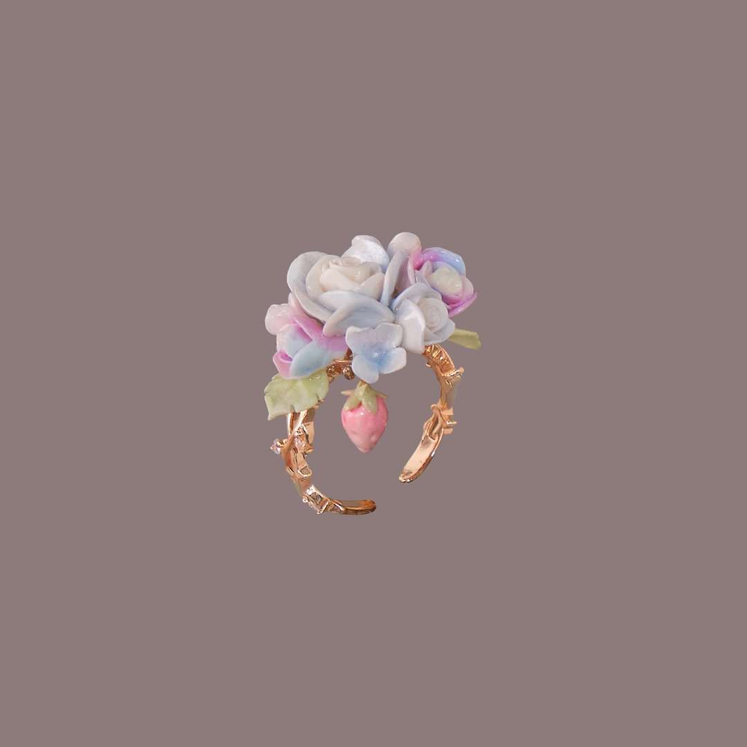灵魂曲草莓蔷薇花束戒指 - 戒指 - 粘土 蓝色