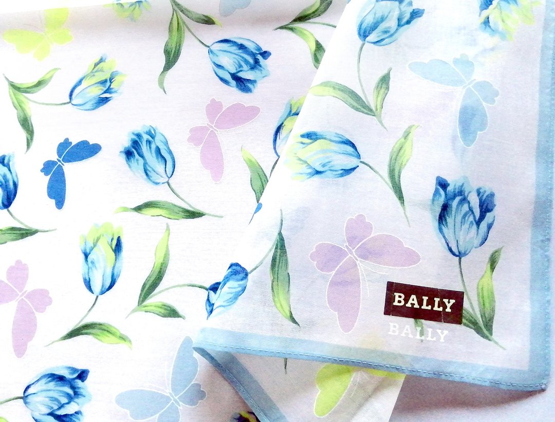 BALLY Vintage Handkerchief Floral Tulips 17.5 x 17.5 Birthday Gift for Her - 丝巾 - 棉 蓝色