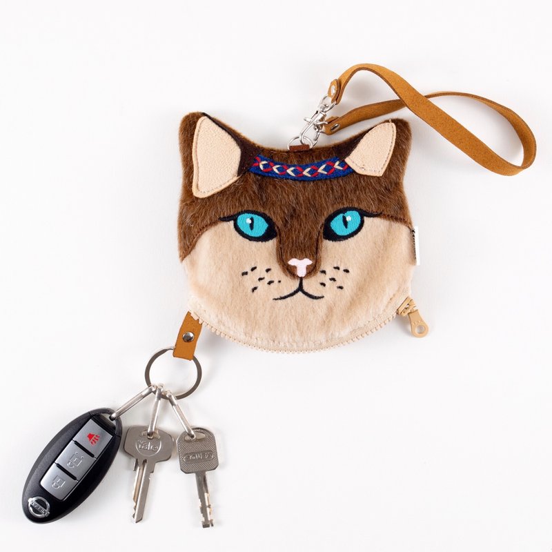 Wildcat female Purse / small functional animal pouch  / card holder&key keeper - 皮夹/钱包 - 聚酯纤维 卡其色