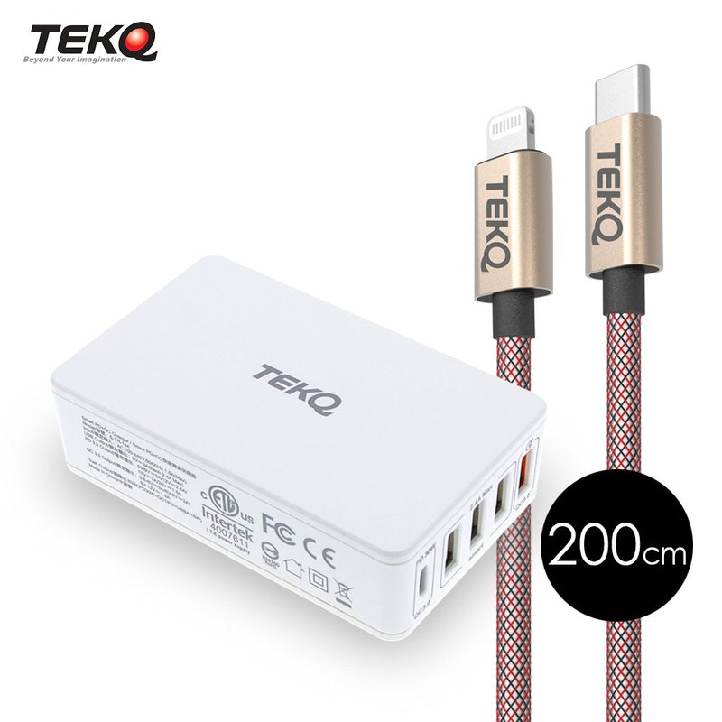 TEKQ 5孔 63W USB-C/USB PD QC 旅充+TEKQ 苹果MFi 200cm - 充电宝/传输线 - 其他材质 白色