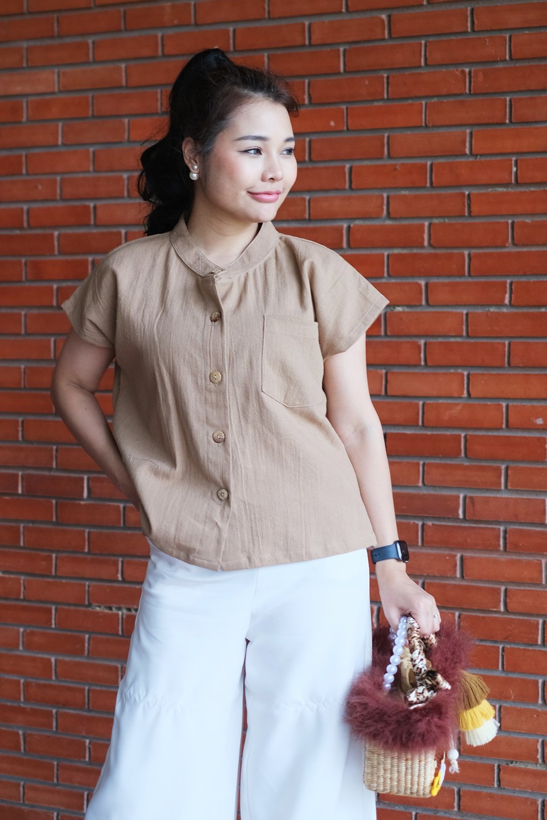 Beige Cotton 100% Shirt Lanna Chiangmai - 女装上衣 - 棉 咖啡色
