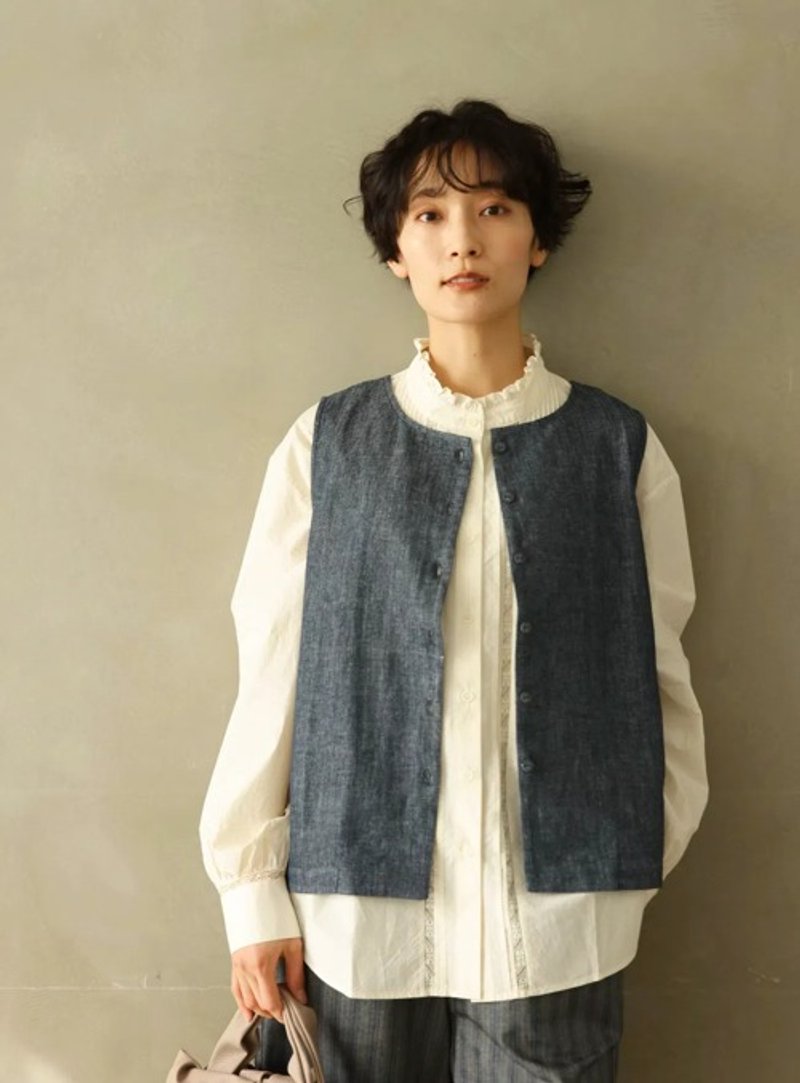 告别一成不变的穿搭 ! 两穿式人字纹面料 牛仔背心 棉质 240913-1 - 女装上衣 - 棉．麻 蓝色