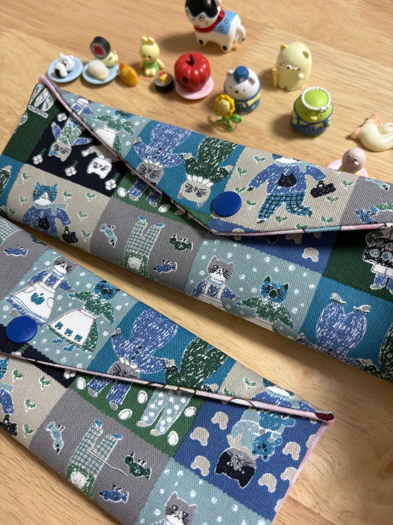 文青风环保纯棉筷袋 绅士猫咪 厨师 原麻卡通格 厚实手感 日本 潮 - 收纳用品 - 棉．麻 蓝色