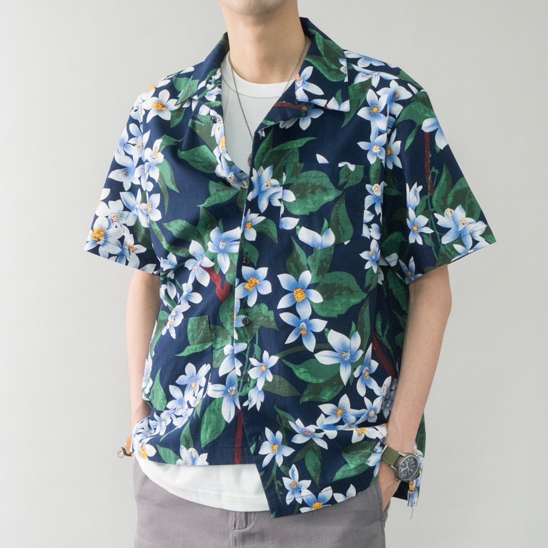 日系短袖Aloha 美式复古夏威夷短袖印花衬衫中性 Hawaiian shirts - 男装衬衫 - 棉．麻 蓝色
