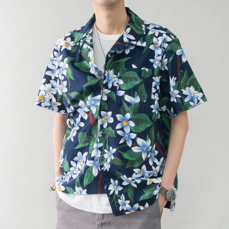 日系短袖Aloha 美式复古夏威夷短袖印花衬衫中性 Hawaiian shirts - 男装衬衫 - 棉．麻 蓝色