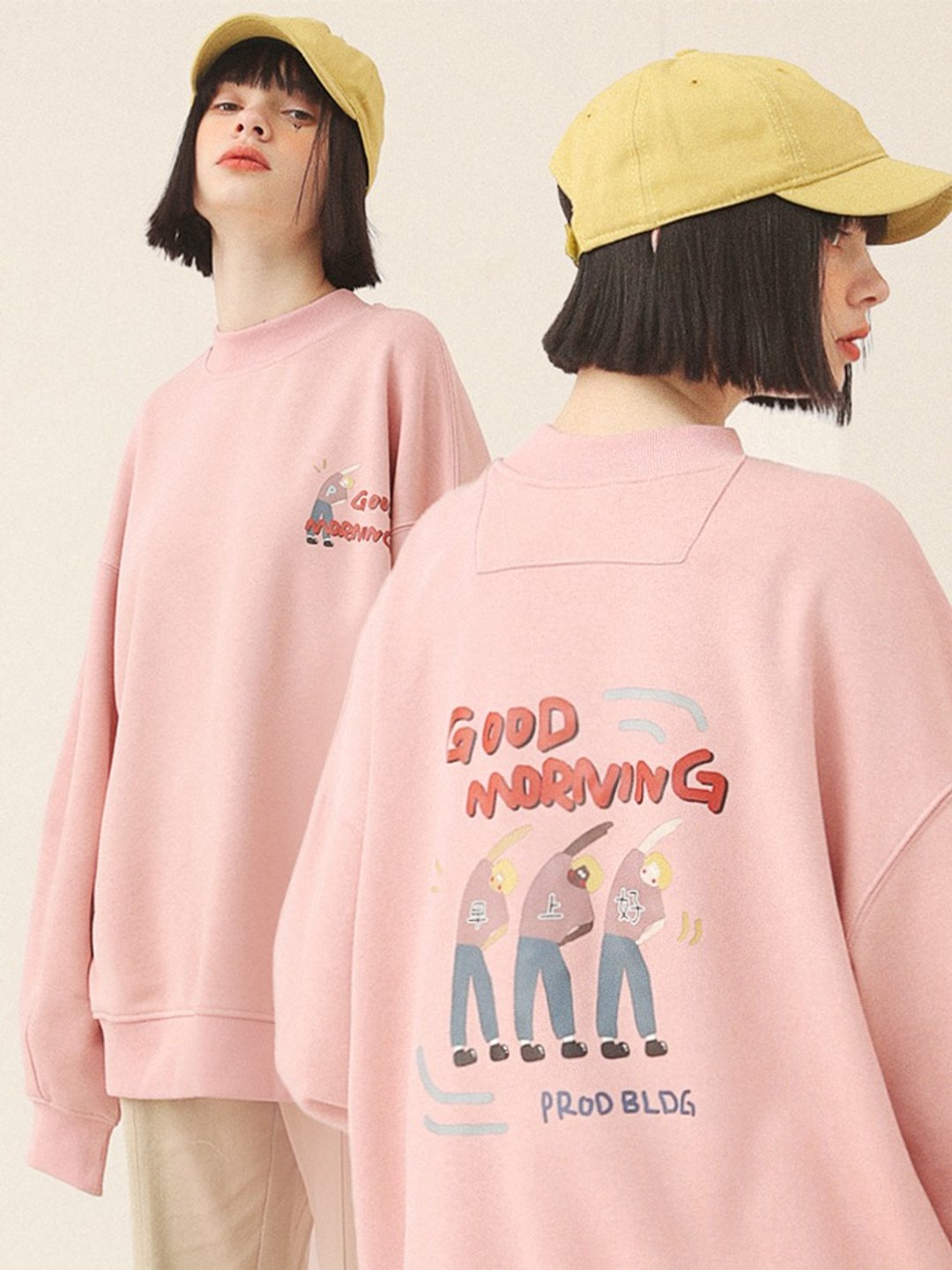 PROD粉色圆领卫衣女薄款早上好宽松韩版学生半高领少女春秋薄外套 - 女装上衣 - 棉 